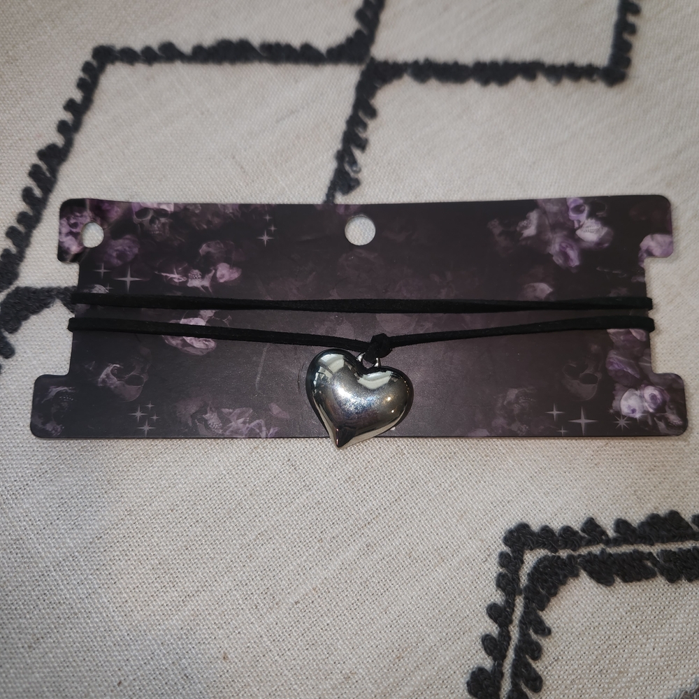 Hot Topic Black Cord Silver Heart Necklace